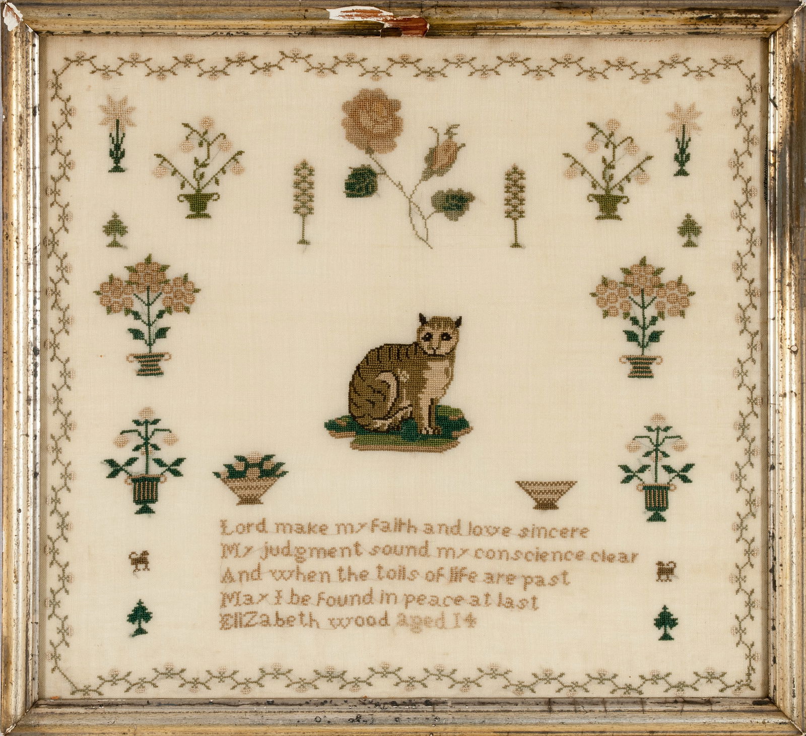CAT LADY sampler by Elizabeth Wood c.1820 (1 of 4)