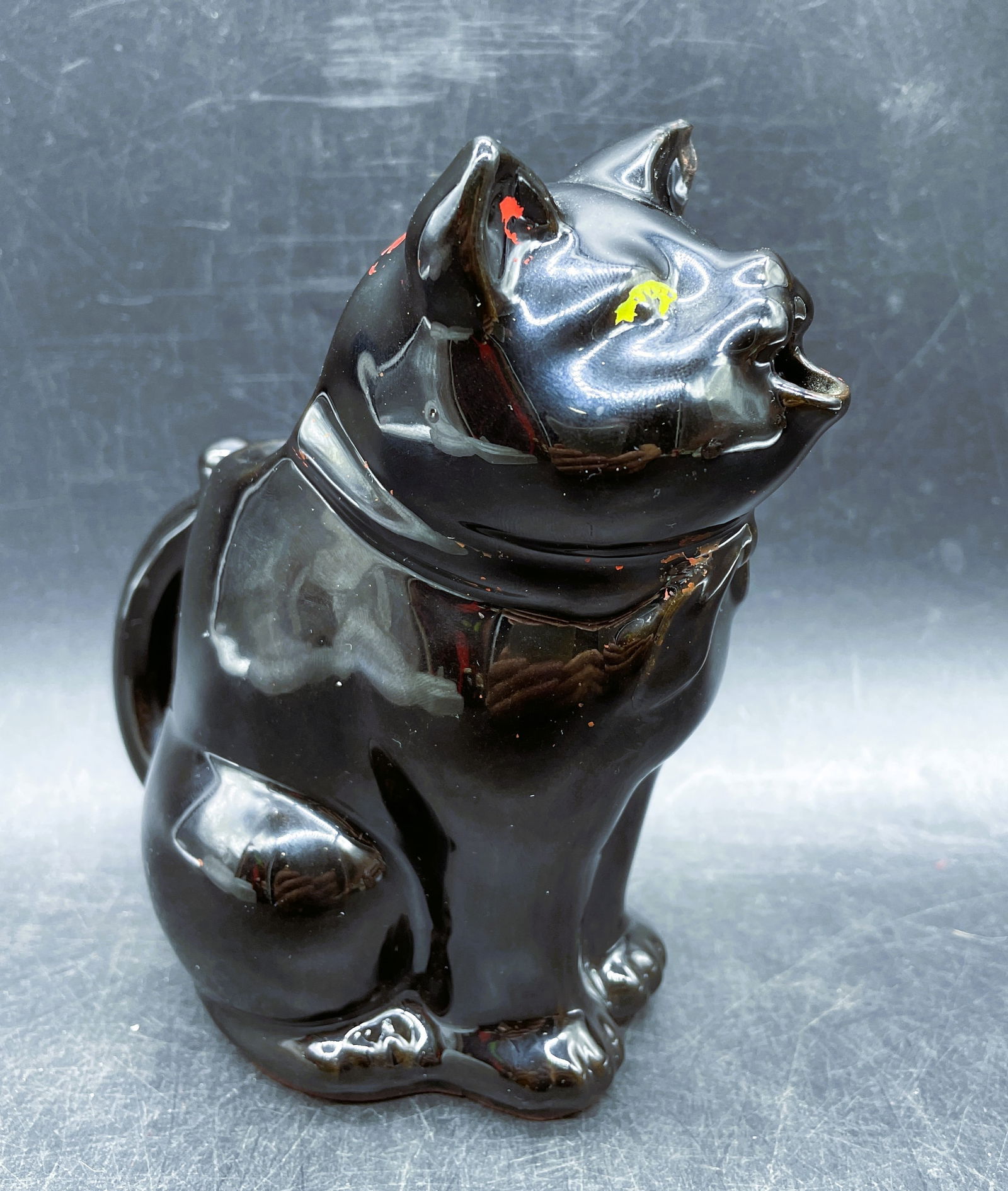 1950's Redware Black Cat Pitcher: Title: 1950's Redware Black Cat Pitcher Date/Period: Approx. 1950's Dimension: Approx. 5.5 x 5.5 x 2.5 Material: redware Additional Information: 1950's Redware Black Cat Small Pitcher Shipping: Domest