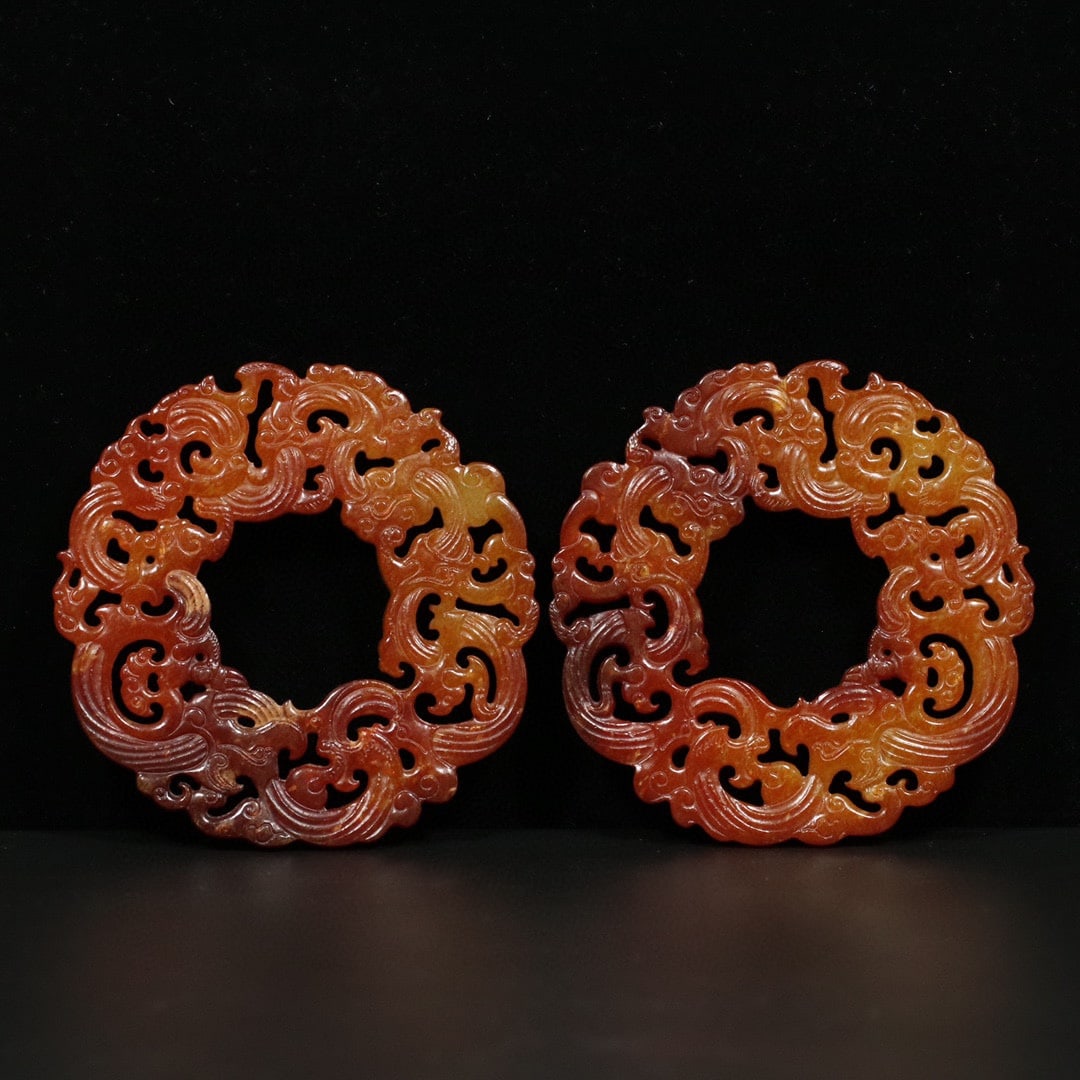 A Pair Openwork Old Chinese Hetian Jade Carved Dragon Phoenix Pendant (1 of 9)