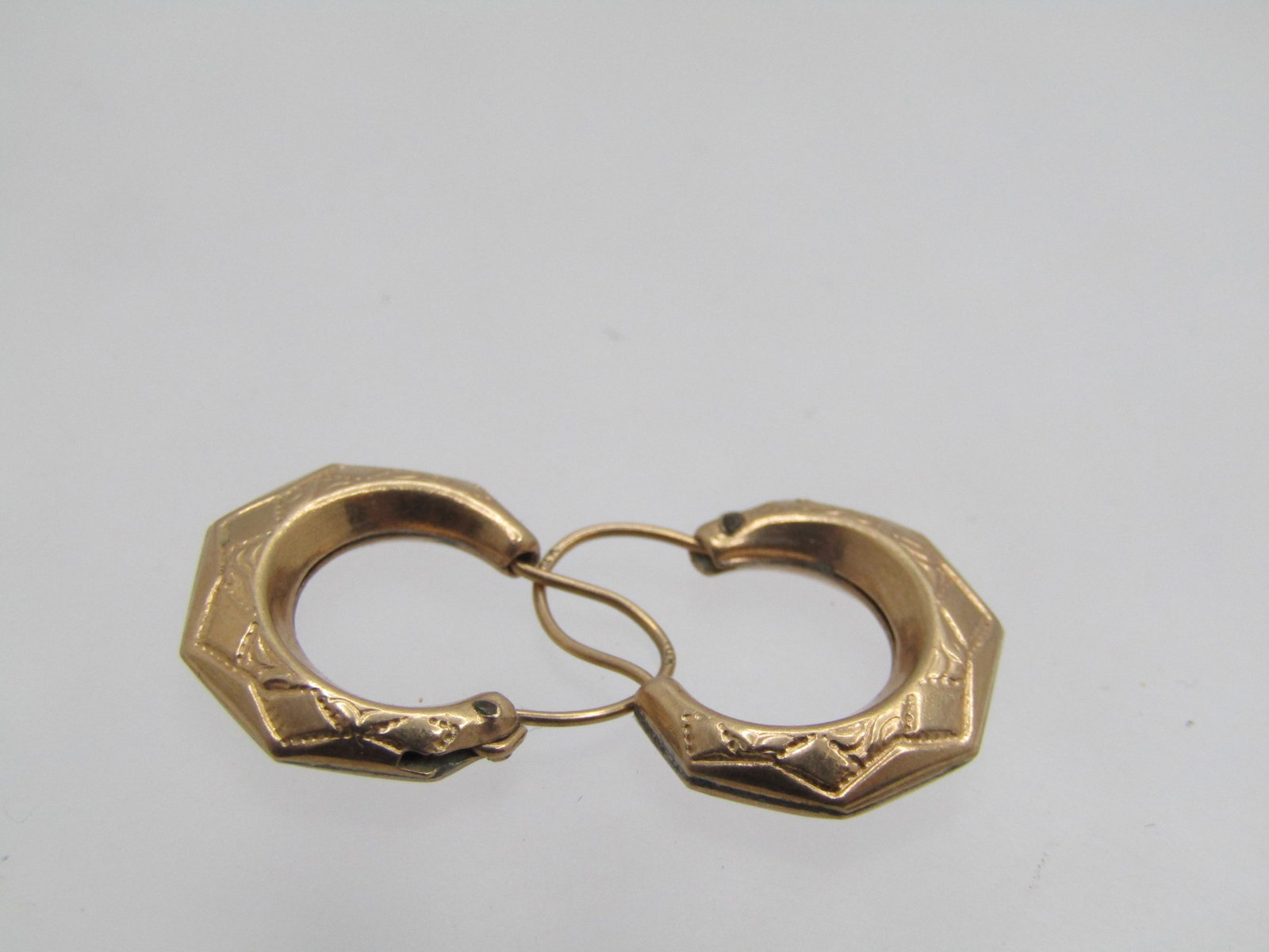 Vintage 14kt Etched Hoop Earrings, Pierced , Appx. 3/4": Vintage 14kt Etched Hoop Earrings, Pierced , Appx. 3/4". Six angled edge with textured/engraed sides - front and back. Puffy hoop design that measures appx. 3/4" from the top of the curve in the post 