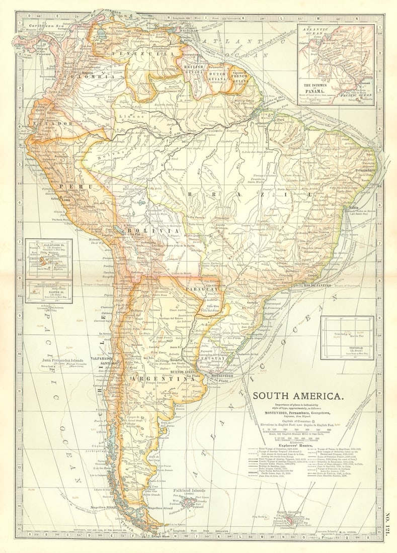 SOUTH AMERICA. Shows explorers routes.Columbus Vespucci Cabot Cabral+ 1903 map (1 of 1)