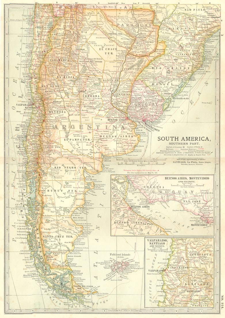 ARGENTINA PARAGUAY URUGUAY CHILE BRAZIL. Shows battles/dates.La Plata 1903 map: TITLE/CONTENT OF MAP: 'South America, Southern part: Argentina, Paraguay, Uruguay; Inset map of Buenos Aires, Montevideo and Vicinity, Valparaiso, Santiago and Vicinity' The sites of important battles