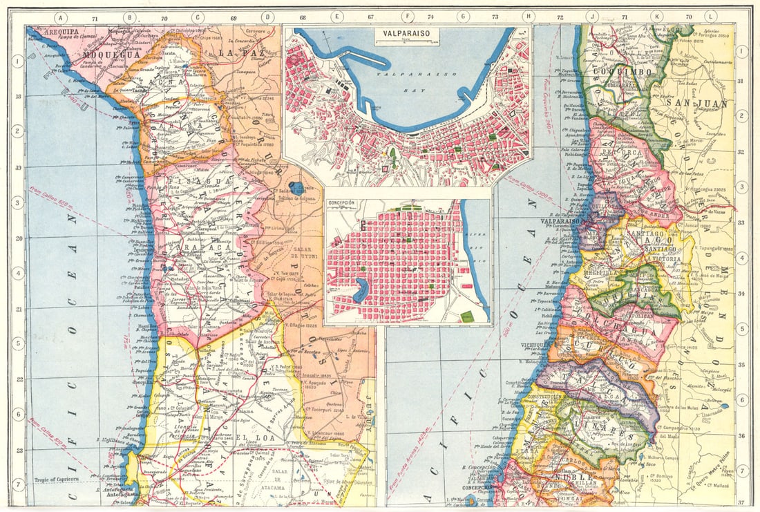CHILE SHEET 1.Railways steamship routes. Inset Valparaiso & Concepcion 1920 map: CAPTION PRINTED BELOW PICTURE: 'Chile; Inset map of Valparaiso; Concepcion' DATE PRINTED: 1920 IMAGE SIZE: Approx 21.5 x 32.5cm, 8.5 x 12.75 inches (Large) TYPE: Vintage colour map CONDITION: Good; su