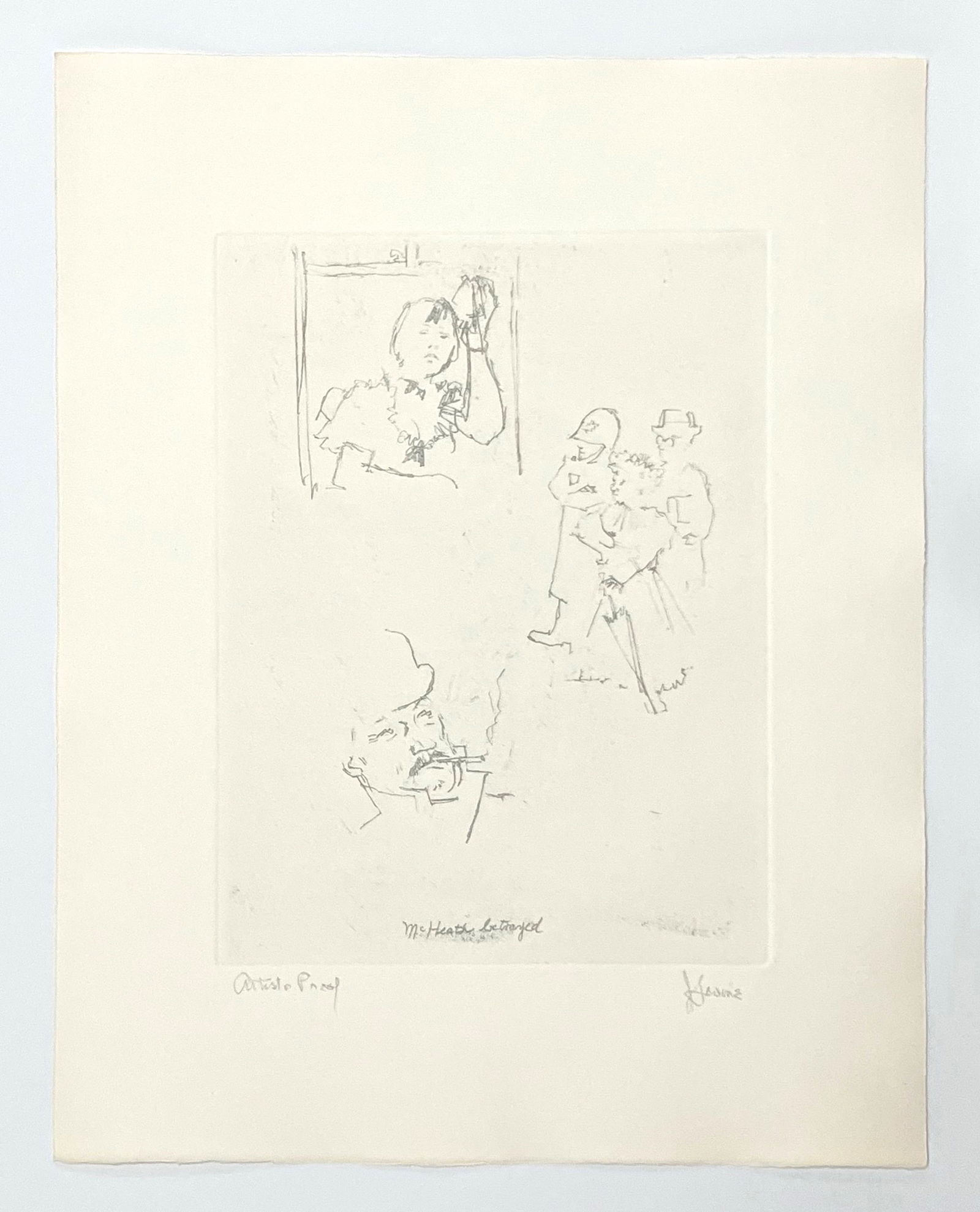 Jack Levine signed original etching "McHeath Betrayed": Medium: original soft ground etching. Signed in pencil and annotated "Artist's Proof". Printed in 1967 for the Dreigroschen Film portfolio and published by Touchstone Publishers. This is one of 10 art