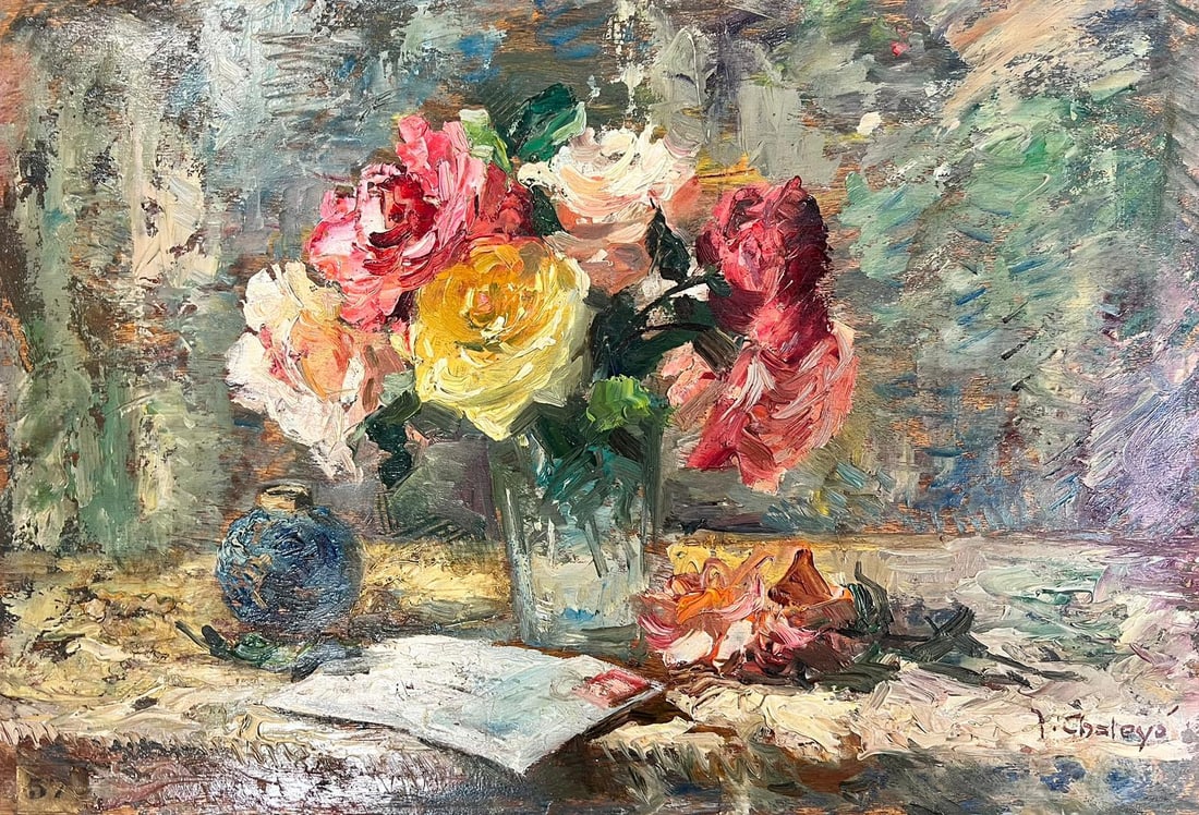 1930’s French Impressionist Still Life Roses in glass Vase, signed oil 1930’s (1 of 11)
