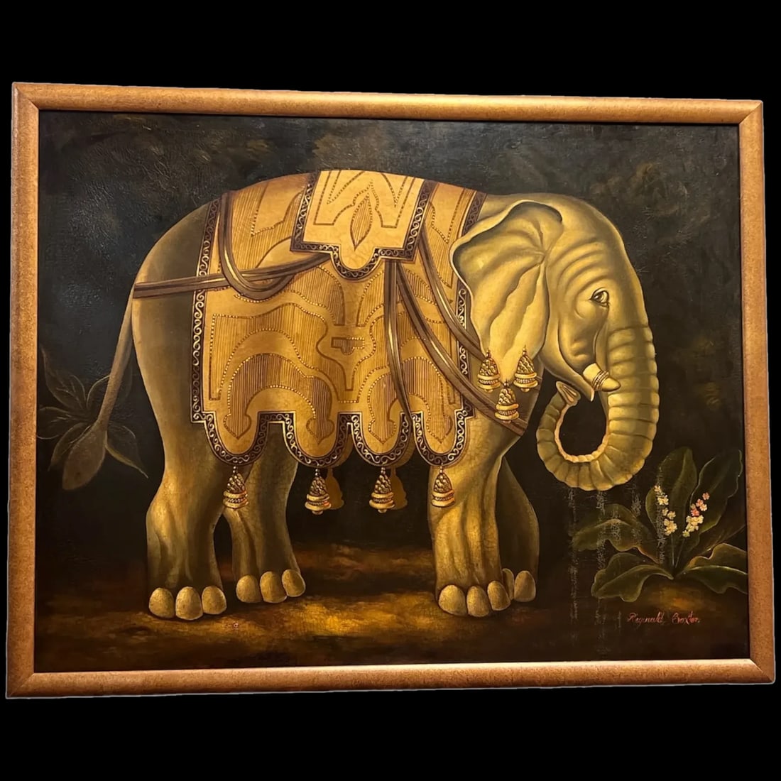 Elephant in Profile: Playful Folk Art Oil on Canvas by Reginald Baxter (Canadian, 20th Century): Elephant in Profile: Playful Folk Art Oil on Canvas by Reginald Baxter (Canadian, 20th Century) This large oil on canvas, titled "Elephant," is a tongue-in-cheek homage to Victorian parlor paintings,