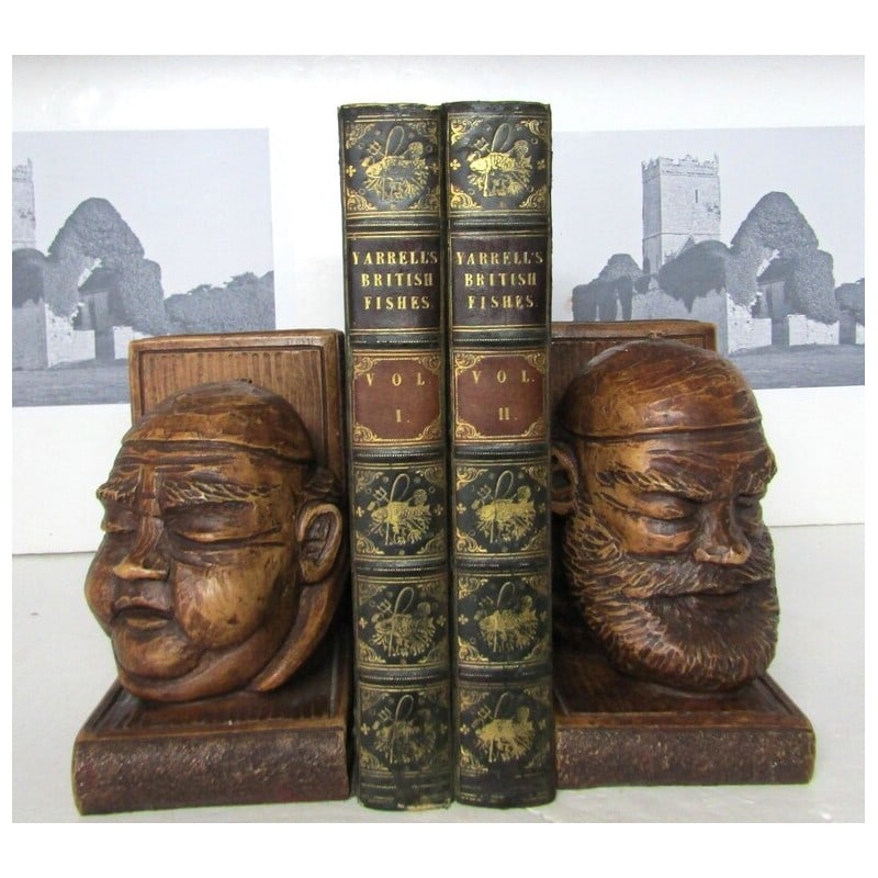 A History of British Fishes - 2 volumes: First edition. "Illustrated by nearly 400 woodcuts." Full green leather with decorative blind-stamped lineal borders. Morocco gilt titles, gilt raised bands, decorative gilt fish panel vignettes to sp