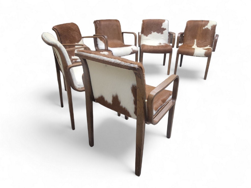 Mid Century Modern Bill Stephens Walnut Armchairs For Knoll Newly Upholstered in Cowhide - Set of 6: Depth: 21 inches Height: 32 inches Width: 23 inches "Mid Century Modern Bill Stephens Walnut Armchairs For Knoll Newly Upholstered in Brown & White Hair-on Brazilian Cowhide - Set of 6 Featuring s