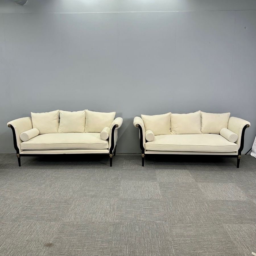 Pair of Steel and Bronze Sofas / Settees, Hollywood Regency, Peter Marino Style: Pair of Steel and Bronze Sofas / Settees, Hollywood Regency, Peter Marino Style Directoire style blackened steel sofa, heavy flat bar steel, gilt bronze florets, with straight back and outward scrolli