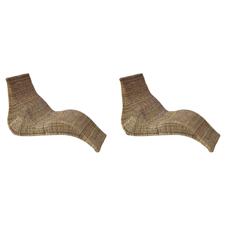 Pair Bohemian Mid-Century Modern Karlskrona Rattan Wicker Chaise Lounge Chairs: Pair of Karlskrona Rattan Wicker Chaise Lounge Chair by Carl O?jerstam for Ikea Vintage organic bohemian modern rattan and wicker chaise lounge chair by Carl Öjerstam for Ikea, circa late 1990's. 34H