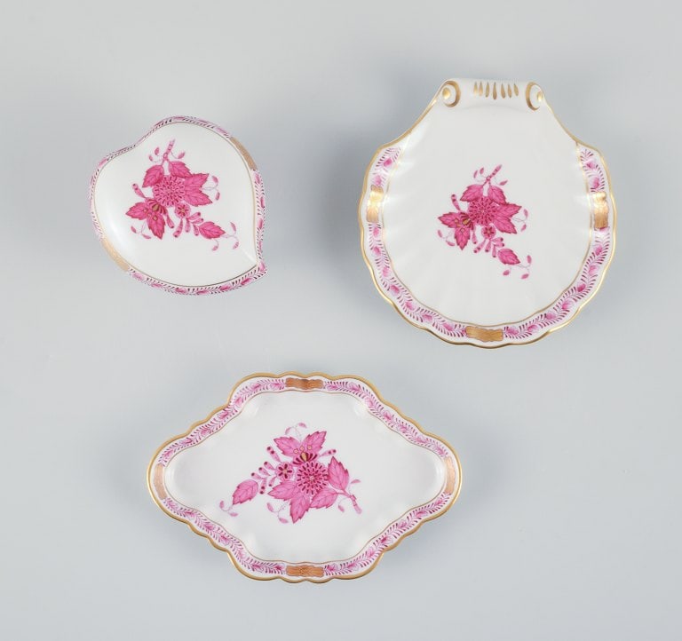 Three small Herend "Pink Indian" porcelain pieces with hand-painted purple flowers and gold (1 of 6)
