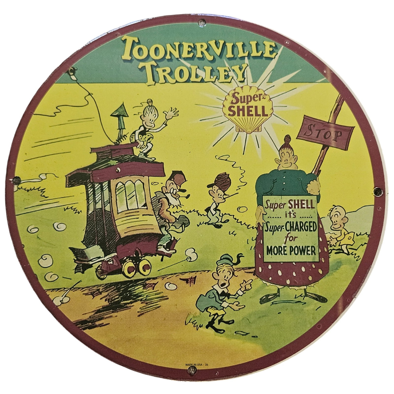 Vintage Toonerville Trolley Super Shell Porcelain Sign - Gasoline Power (1 of 2)
