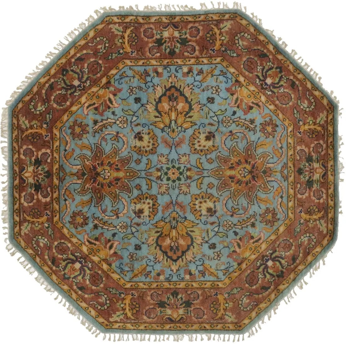 Blue & Rust Floral 6X6 Oushak Oriental Octagon Rug: Title: Blue & Rust Floral 6X6 Oushak Oriental Octagon Rug Description: Hand Knotted 6X6 blue Oriental rug made with natural dyes (fine wool pile and cotton foundation), superior knot count, and appeal