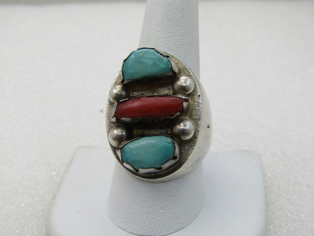 Vintage Sterling Southwestern Turquoise Coral Ring, Men's Statement Rhing, Sz. 10 (1 of 7)