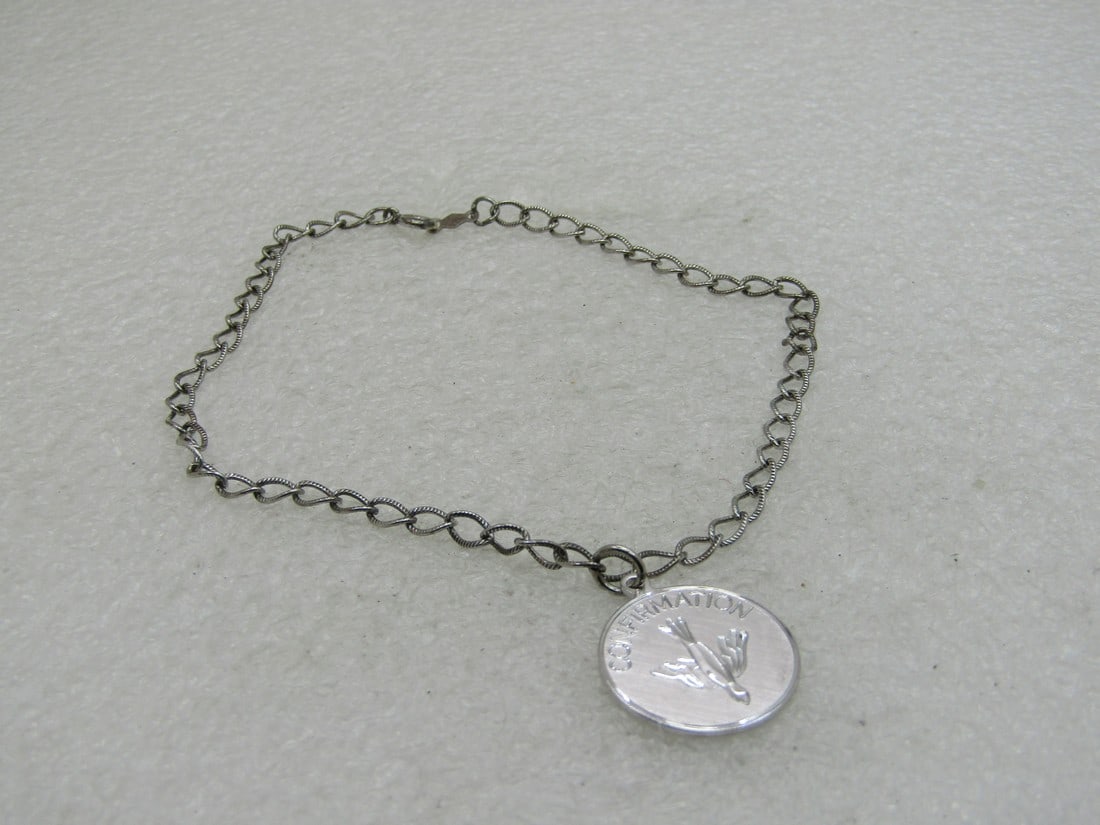 Vintage Sterling Silver Ankle Charm Bracelet, Confirmation Charm, 9.5", 1960'S: Vintage Sterling Silver Ankle Charm Bracele 1960'S, Confirmation Charm, 9.5", 4.98 grams, signed BLI. Marked .925 and tsted. This has a 7/8" round confirmation charm with diamond cut dove image. The a
