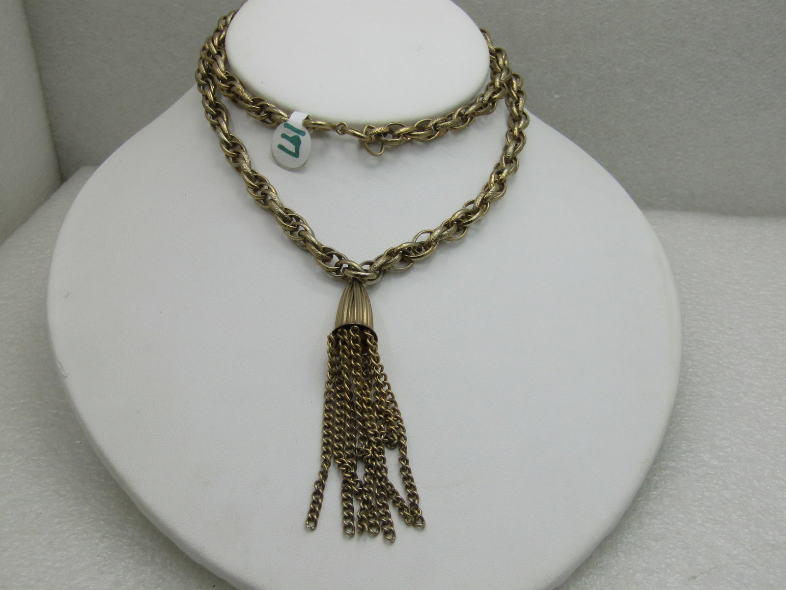 Vintage Heavy Gold Tone Tassel Necklace 22": Vintage Gold Tone Tassel Necklace, 22", heavy 4.5mm wide textured multi-link necklace with a 2.5" tassel pendant. Spring clasp. Circa 1960's-1970's. Good to very good condition. Inv.W.5.235.5. Auc.11.