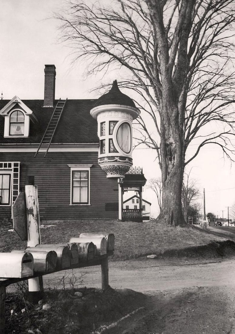 BERENICE ABBOTT - Belfast Maine, Route 1,1954: Artist: BERENICE ABBOTT Print Title: Belfast Maine, Route 1,1954 Printing Date: 1980s Medium: Duotone Photolithograph Printed in: Japan Image Size approx: 13.5 x 9.5” Berenice Abbott (1898 ̵