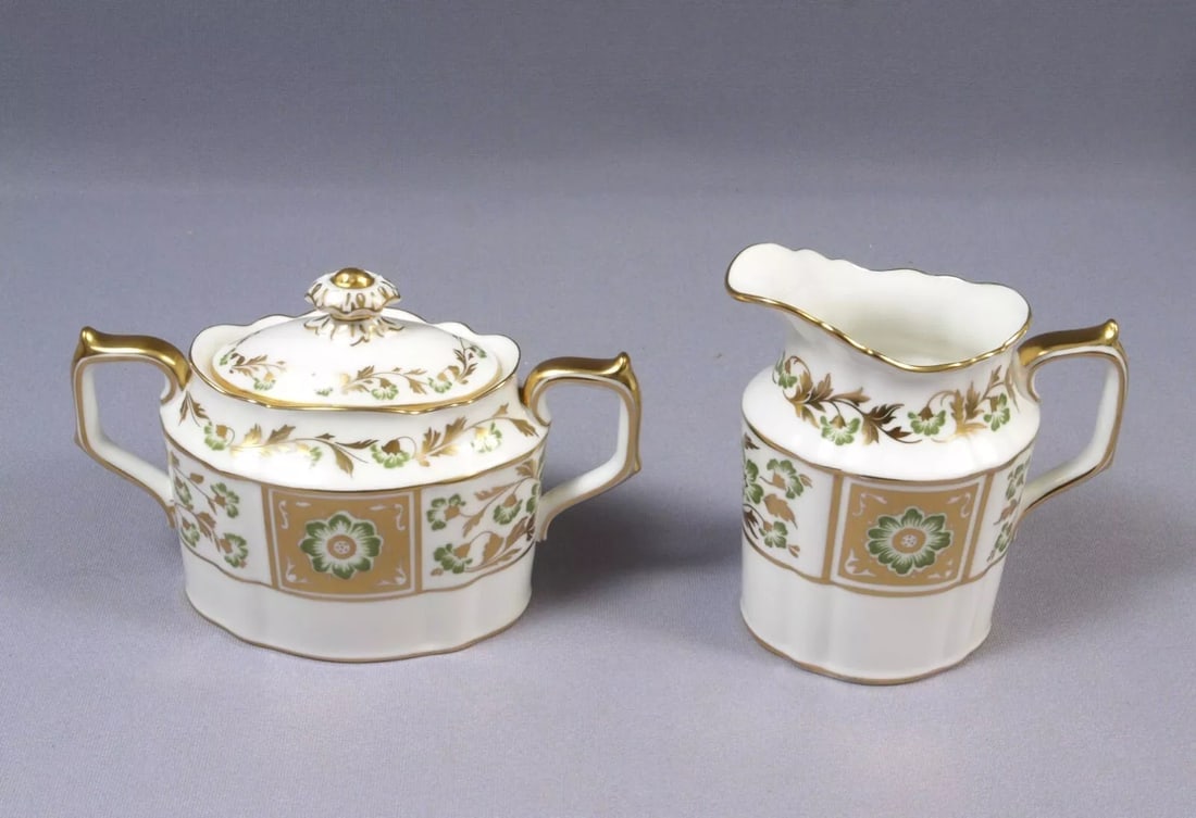 Royal Crown Derby Green DERBY PANEL Creamer Milk Jug Covered Sugar Bowl England (1 of 1)