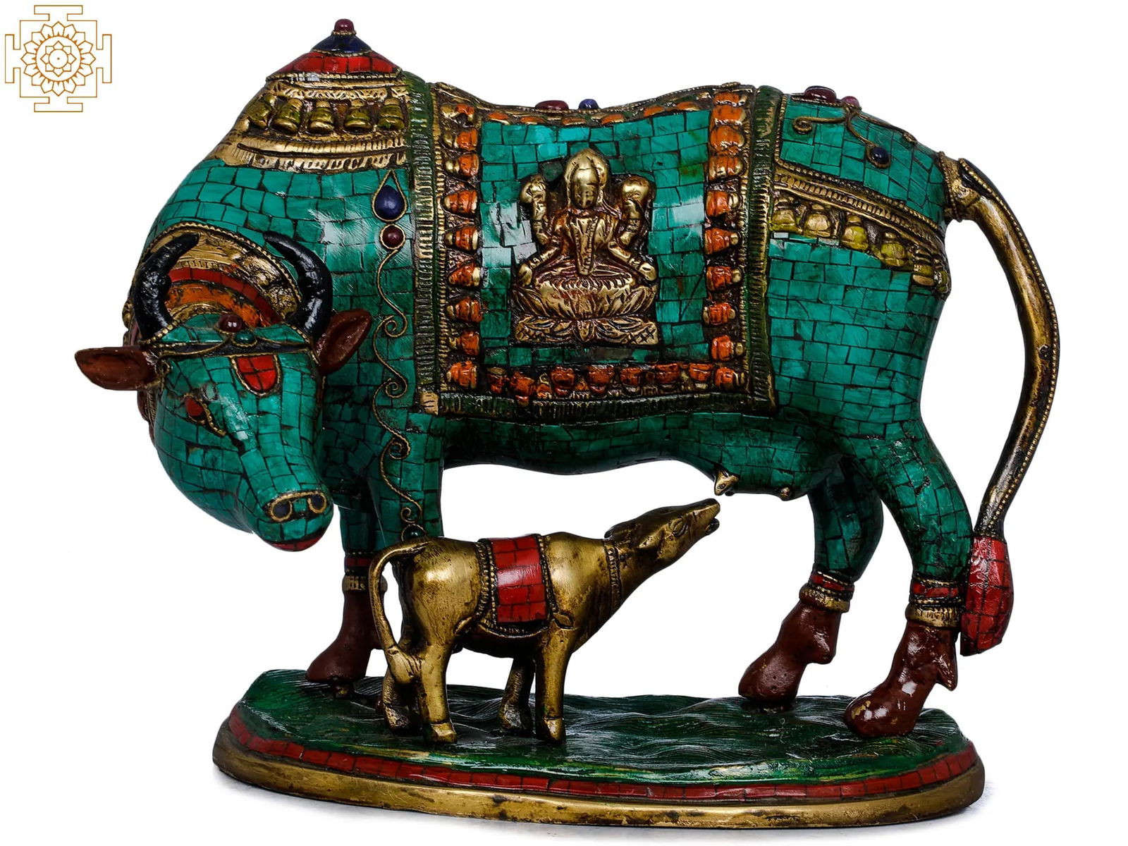 8" Cow and Calf - Lakshmi Ganesha Carved On Saddle In Brass | Handmade | Made In India (1 of 1)