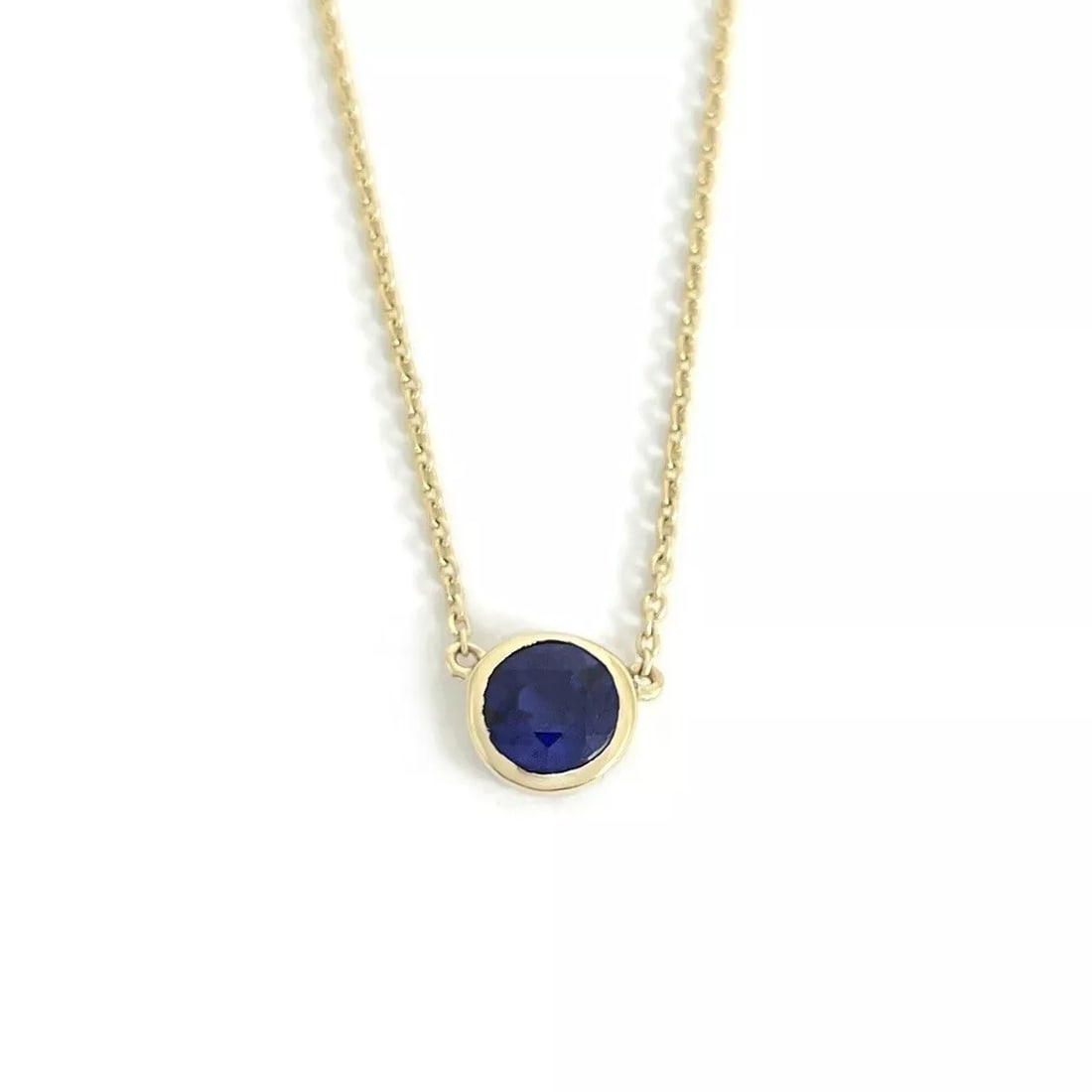 Round Bezel Solitaire Blue Sapphire Pendant Necklace 14K Yellow Gold .40 CT (1 of 7)