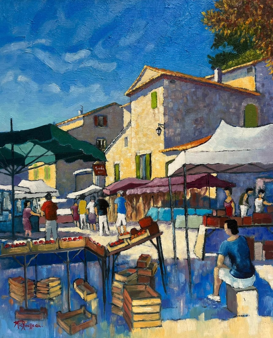 Lacoste South of France Beautiful French Modern Oil Painting Signed & Titled: About the Item Place de l'Elige, Lacoste, French artist, signed and dated oil on canvas, unframed canvas: 22 x 18.5 inches inscribed verso provenance: private collection, France condition: very good a