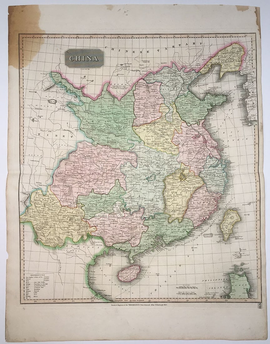 China: Title: China Date: 1815 Cartograpgher: THOMSON, JOHN & CO./R. SCOTT, sculpt. Publisher: JOHN THOMSON & CO. Height: 22.5 Width: 20 Description: Excellent detail. Large stain upper left Reserve: $150.00