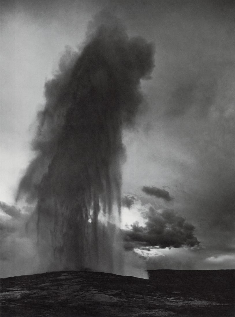 ANSEL ADAMS - Old Faithful Geyser, Yellowstone, 1940: Artist: Ansel Adams Title: Old Faithful Geyser, Yellowstone National Park, Wyoming, 1940 Medium: Photo Litho, 1974, USA Dimensions: 7.9x11.6" Description: Heat Wax Mounted on 11x14" Conservation Board