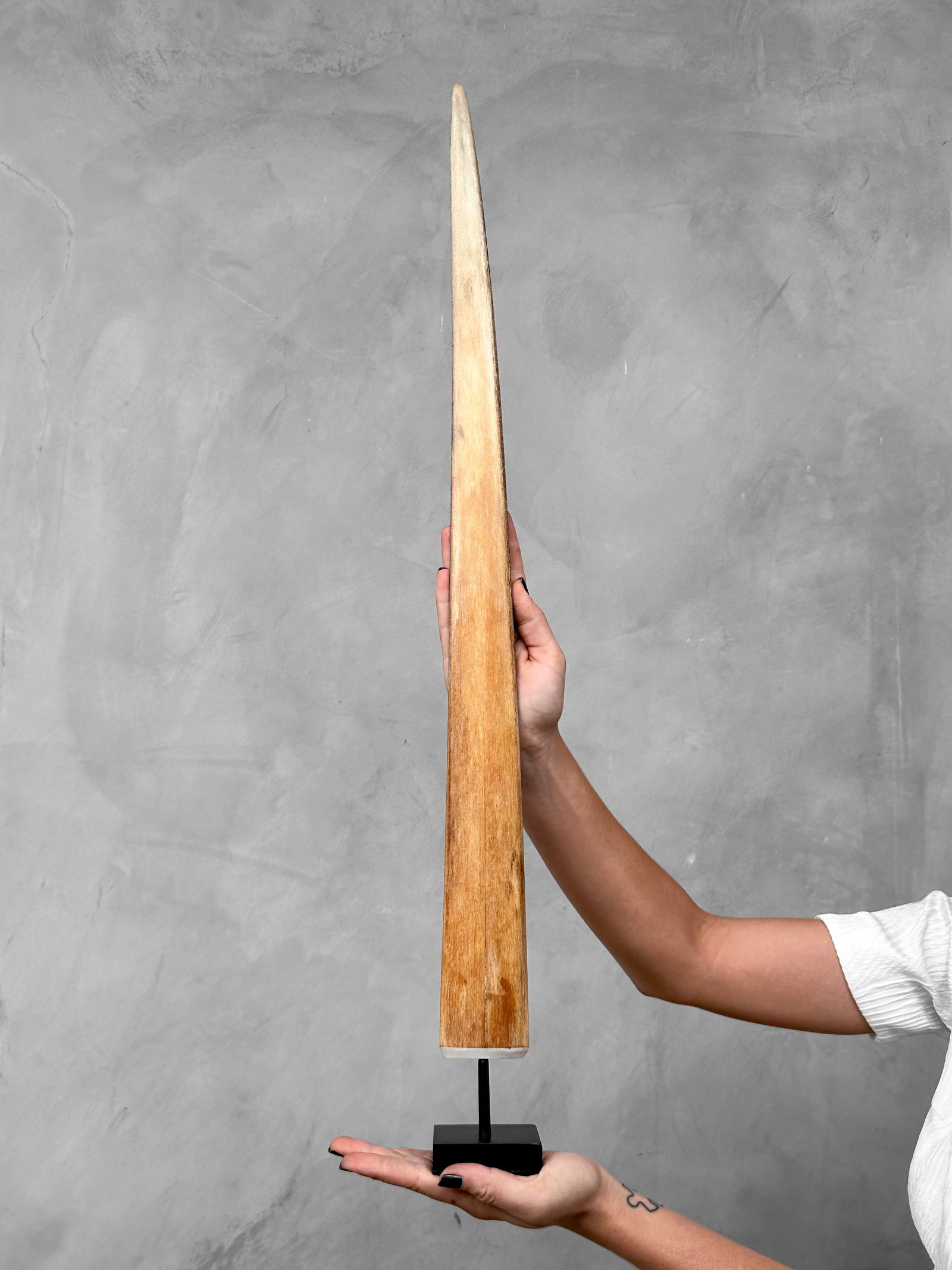 A large swordfish tusk with custom stand: Title:A large swordfish tusk with custom stand Maker: Unknown Origin:Indonesia Date/Period:2024 Materials:Xiphius Gladius, Bone, Steel DimensionsHeight including stand: 78 cm / 30.7 inches Description