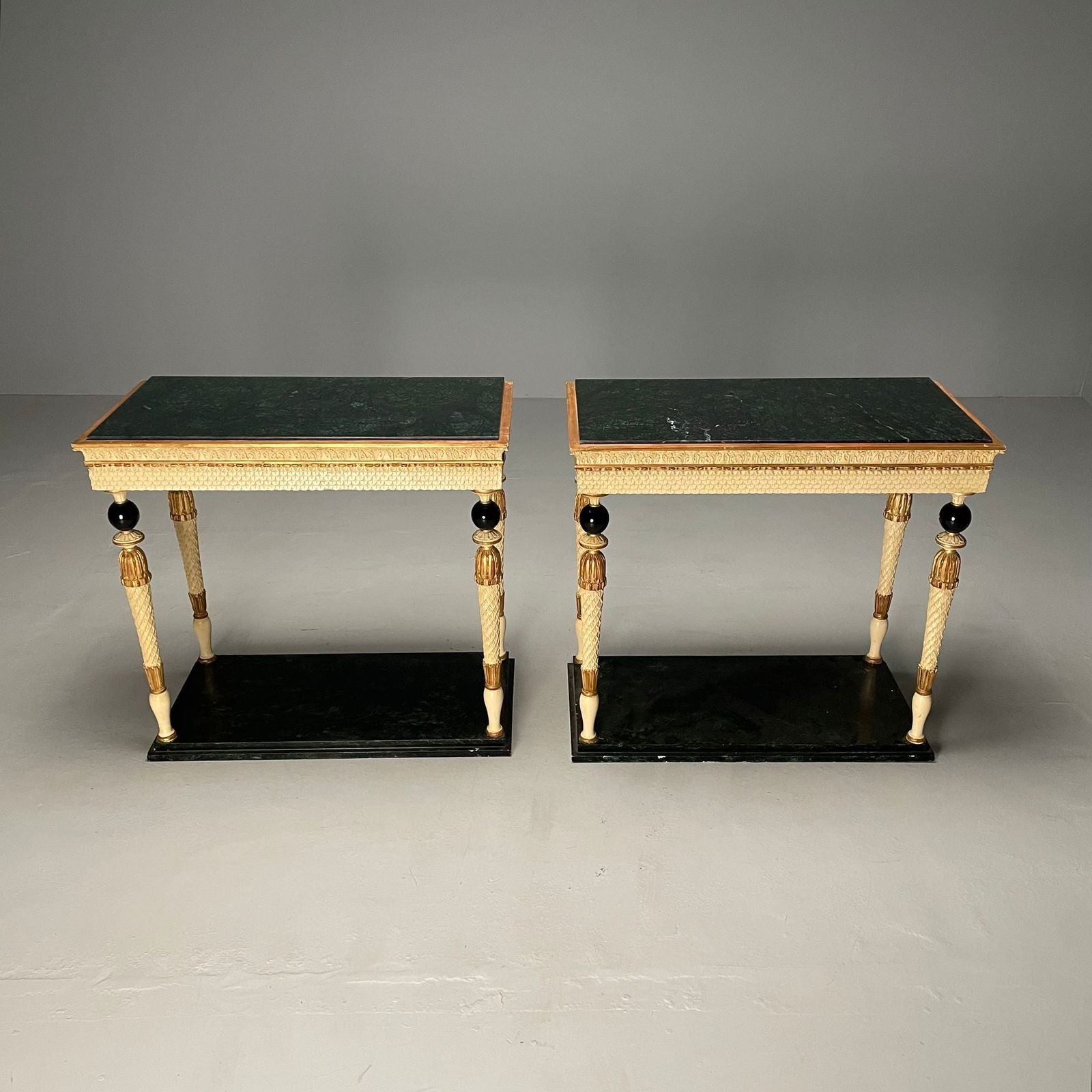 Pair of Swedish Neoclassical Maison Jansen Marble-Top Console Tables, French: Pair of Swedish Neoclassical Maison Jansen Marble-Top Console Tables, French A pair of neoclassical style marble-top console tables attributed to Maison Jansen as seen on page 201, of the Jansen Furni