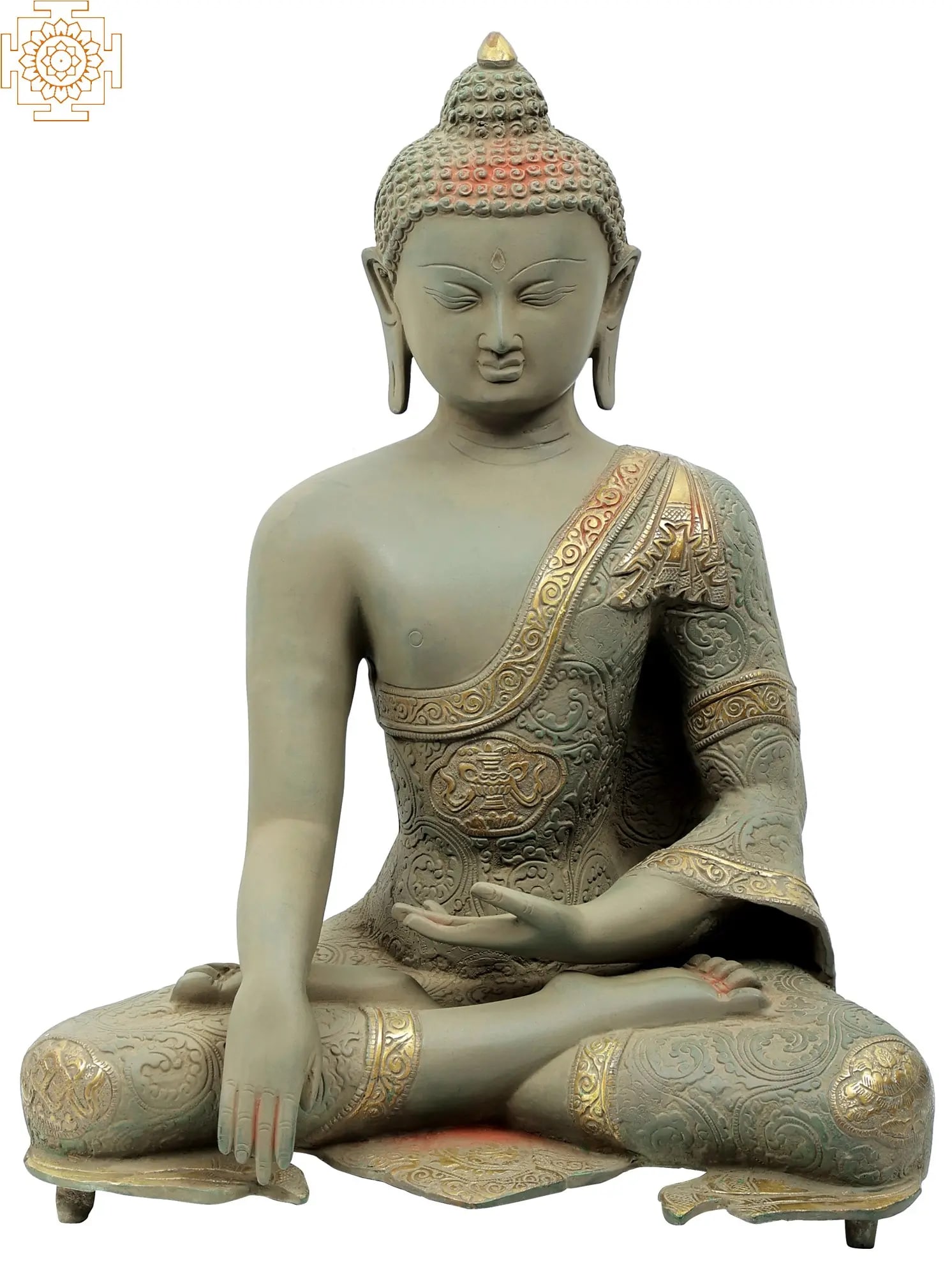 Bhoomisparsha Buddha Clad In A Densely Engraved Robe: Title: Bhoomisparsha Buddha Clad In A Densely Engraved Robe Description: BRASS Height: 18 inch Width: 14 inch Depth: 9 inch Weight: 14.85 kg Reserve: $774.00 Shipping: Domestic: Shipping rates are det