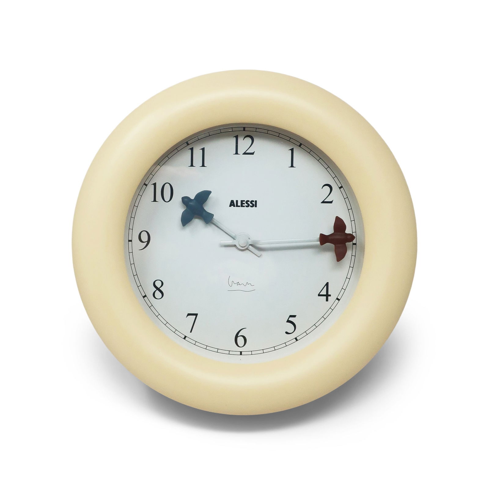 White Bird Wall Clock by Michael Graves for Alessi: This 1992 design wall clock by Michael Graves is one of Alessi's most successful designs, along with Graves' stainless steel 9093 kettle. The clock had a unusually deep off-white plastic body, a white