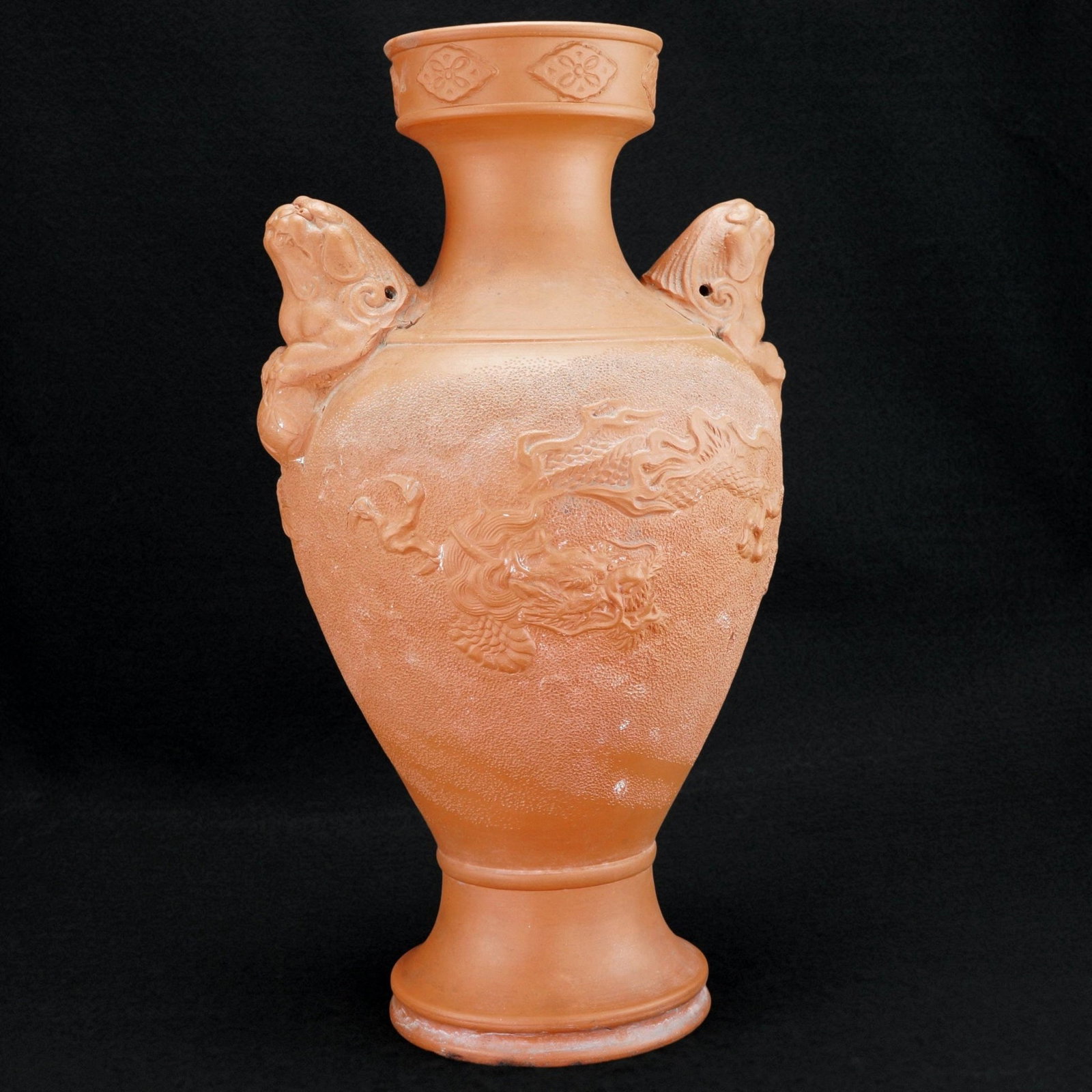 Japanese Tokoname Redware Dragon Vase \Meiji/Taisho: Title: Japanese Tokoname Redware Dragon Vase \Meiji/Taisho Size: 12 ¼ in (31.1 cm) tall x 7 in (17.8 cm) wide x 6 in (15.2 cm) diameter. Description:A large and well-detailed Japanese redware d
