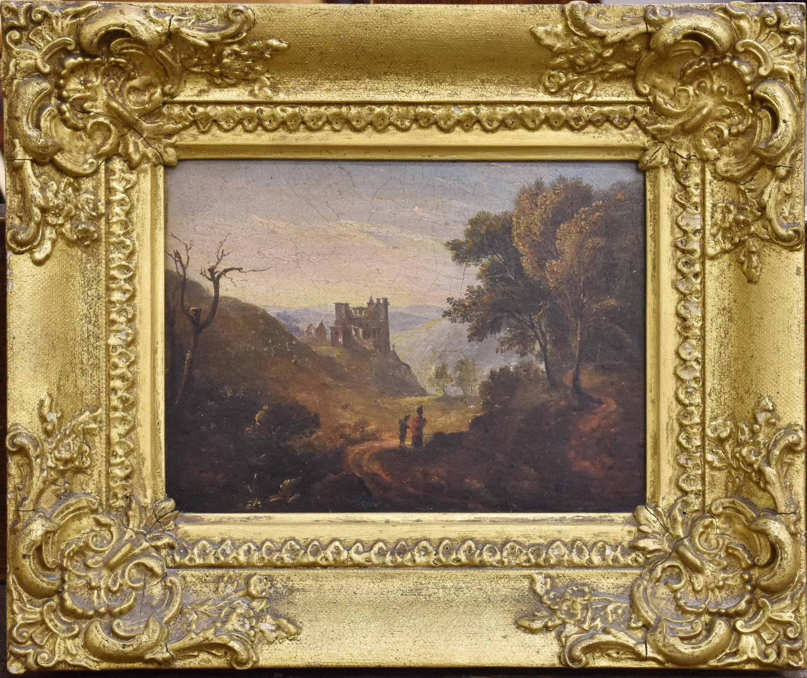 Fine British 1830's Oil Painting Travellers Wooded Landscape Cattle Ancient Ruin c.1830 (1 of 3)