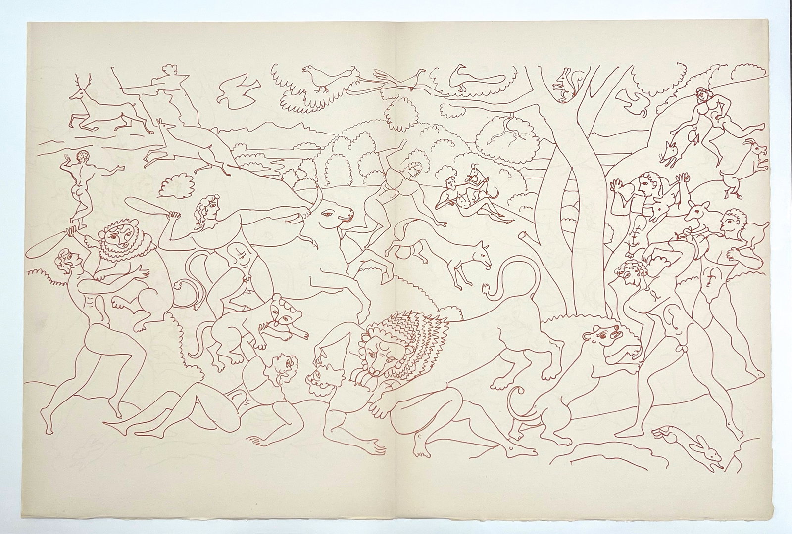 Andre Derain large lithograph, 1947: Medium: lithograph (after the tapisserie). This impression in sanguine ink was printed on Arches paper in 1947 at the atelier of Mourlot Frères and published by Georges Duval in an edition of 270