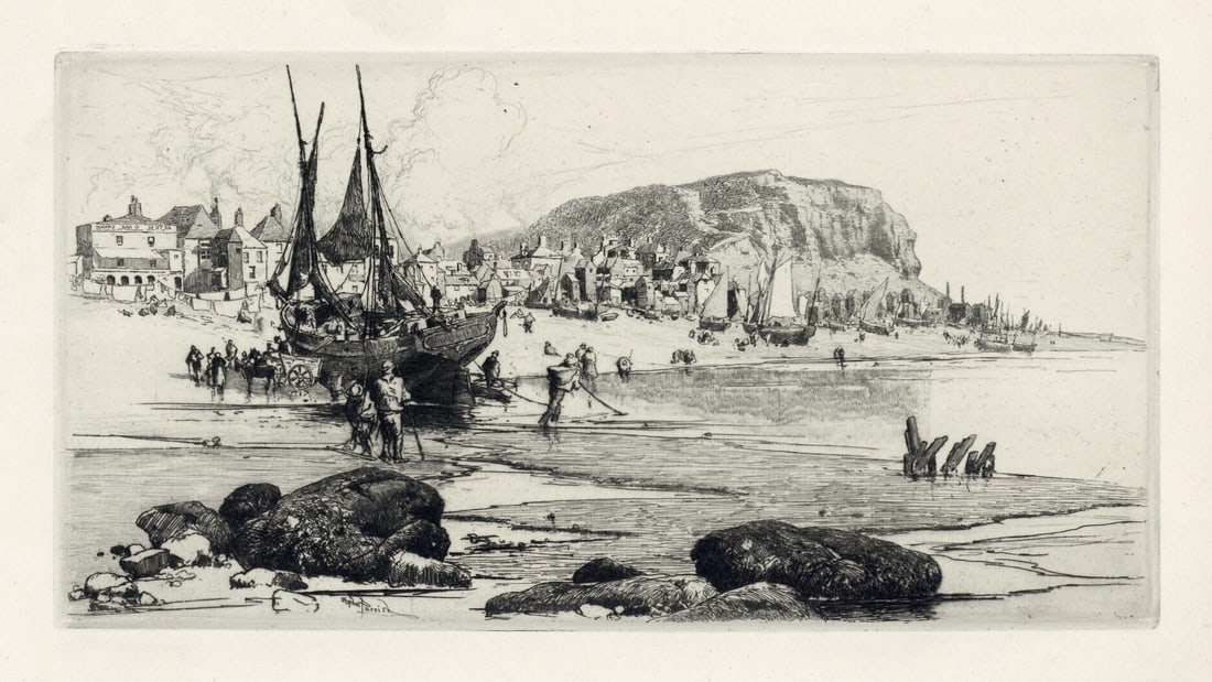 Stephen Parrish original etching "Hastings": Medium: original etching. Catalogue reference: Schneider 113. Executed in 1885; this is a fine, dark impression with full original margins on watermarked laid paper from "The Portfolio" edition, publi