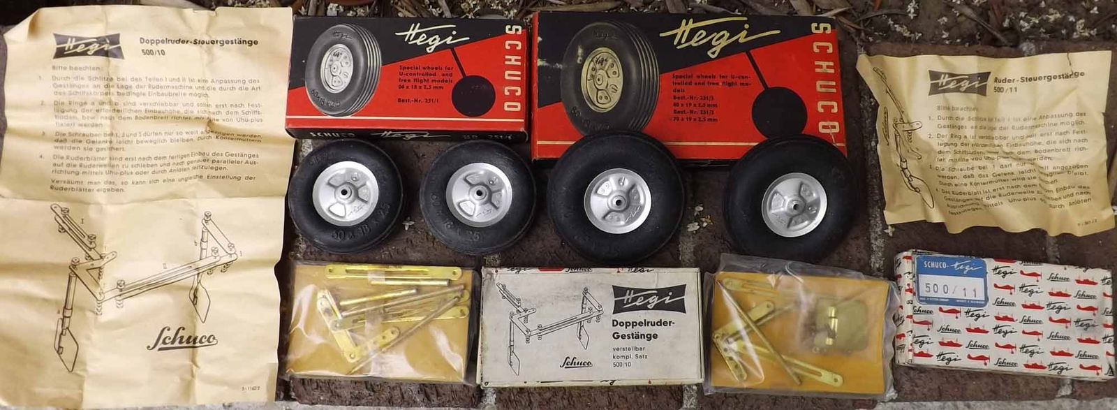 Schuco Hegi parts for aircraft/ship model, Made in Germany,two sets of balloon tires , one complete: Schuco Hegi parts for aircraft/ship model, Made in Germany,two sets of balloon tires , one complete set for single rudder no.500/11 and one set for double rudder 500/10, c10 . Reserve: $159.20 Shippin