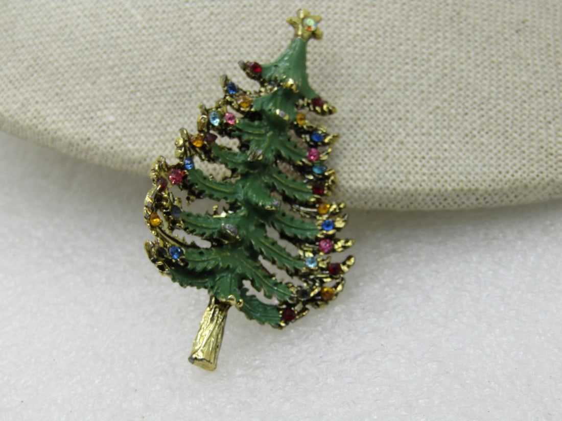 Vintage 1960's Enameled Christmas Tree, Rhinestones, 2.5" (1 of 6)