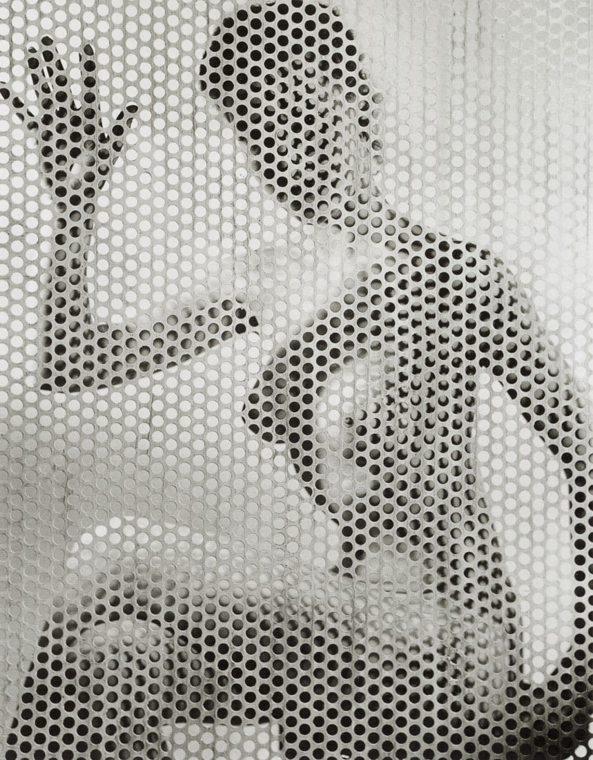 ERWIN BLUMENFELD - Figure Waving Behind Screen, NY: Artist: Erwin Blumenfeld Title: Figure Waving Behind Perforated Screen, New York, 1955 Medium/Date: Photo Litho, 1999, Hong Kong Dimensions: 5.85x7.5" Descripition: Heat Wax Mounted on 8.5x11" Conserv