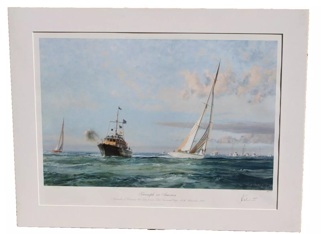JOHN STOBART Lithograph Triumph in America S/N 465/750: JOHN STOBART (B. 1929). Color Lithograph Print. Triumph in America, 465/750, 19" x 29-1/2" image sight size (sheet size: 27-1/4" x 35-3/4") (matted size: 29" x 37") hand signed/titled/numbered. Not fr