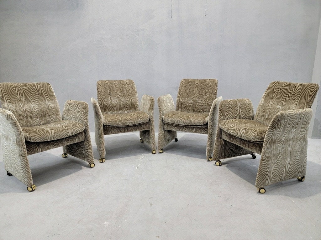 Postmodern Tilting Club Chairs By Chromcraft Newly Upholstered in a Retro Gold Patterned Chenille: Vintage from before 2000 Materials: metal, chenille Overall width: 26 inches Overall height: 33 inches Overall depth: 21.25 inches Seat height: 19.5 inches " Vintage Postmodern Tilting Club Chairs By