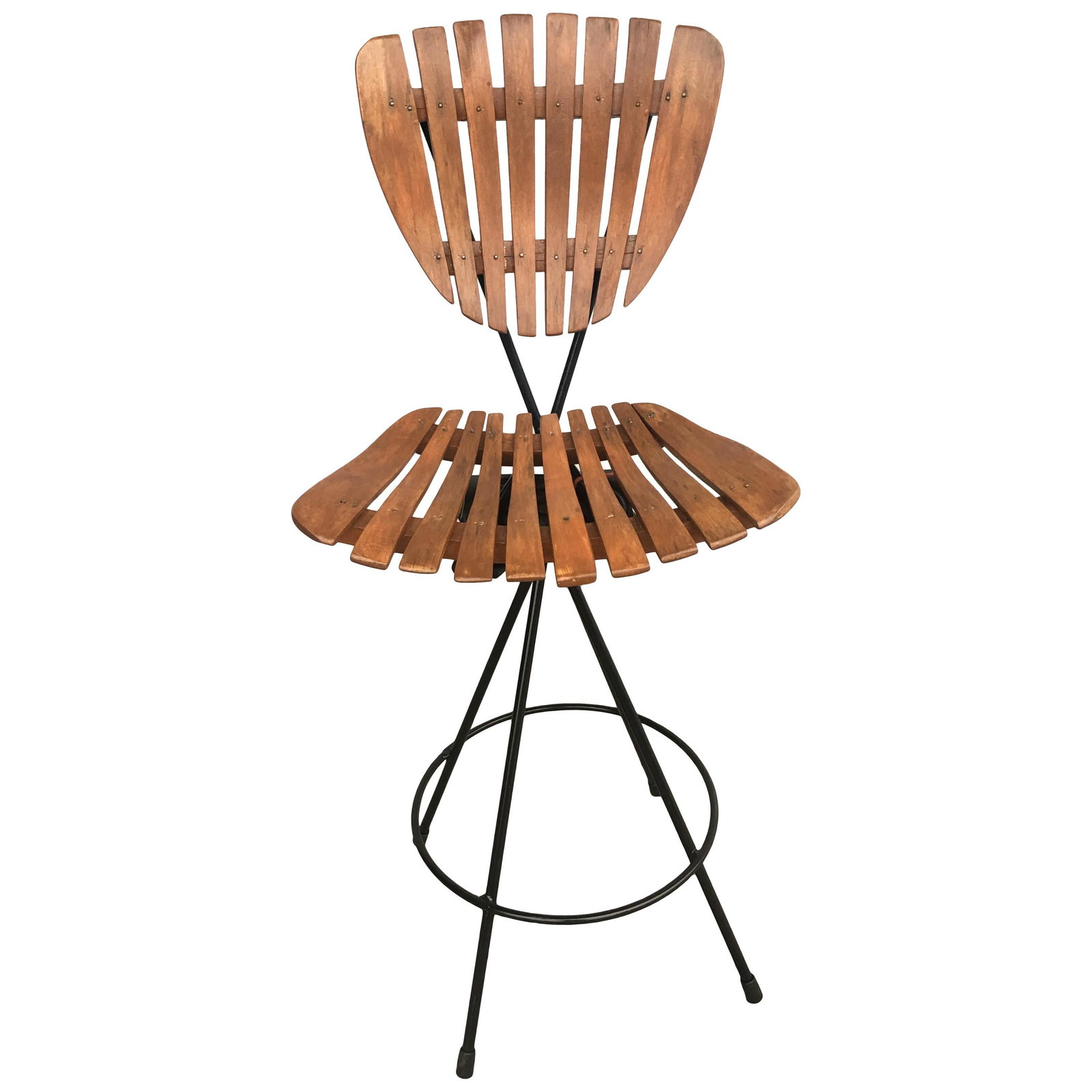 Arthur Umanoff Style Slate Bar Stool with Black Wrought Iron Base: About the Item Arthur Umanoff inspired slate bar stool with black wrought iron base. Dimensions: Height: 40.5 in (102.87 cm)Width: 17.5 in (44.45 cm)Depth: 19 in (48.26 cm) Materials and Techniques: I