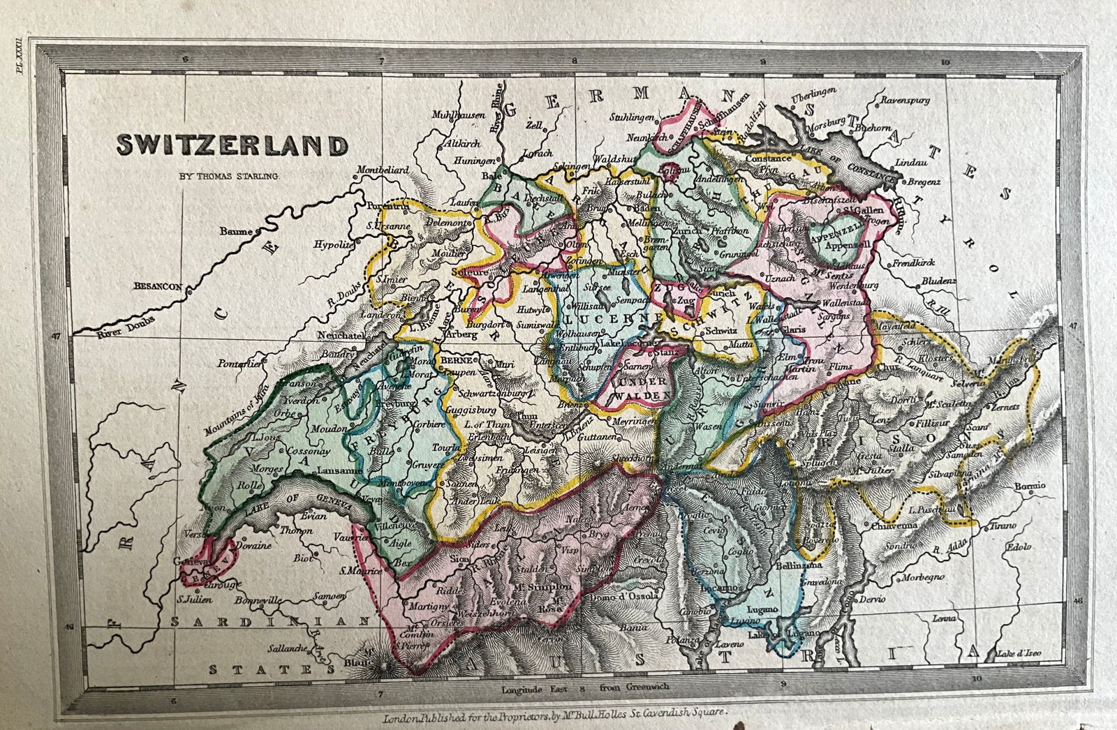 1834 Switzerland by Thomas Starling: Title: 1834 Switzerland by Thomas Starling Date/Period: 1834 Materials: Hand colored, steel engraved Size: 6 1/2 x 4 inches. This detailed map presents Switzerland as it appeared in 1834, created by T