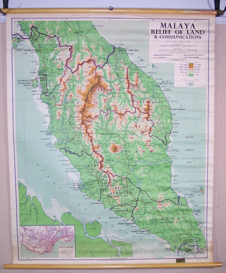 Malaya Relief map of Land & Communications: Publication Date: ©1961 Title: Malaya Relief map of Land & Communications Publisher: GEORGE PHILIP & SON Height: 35 Width: 44 Topographic and political map of Malaya in latter years as British co