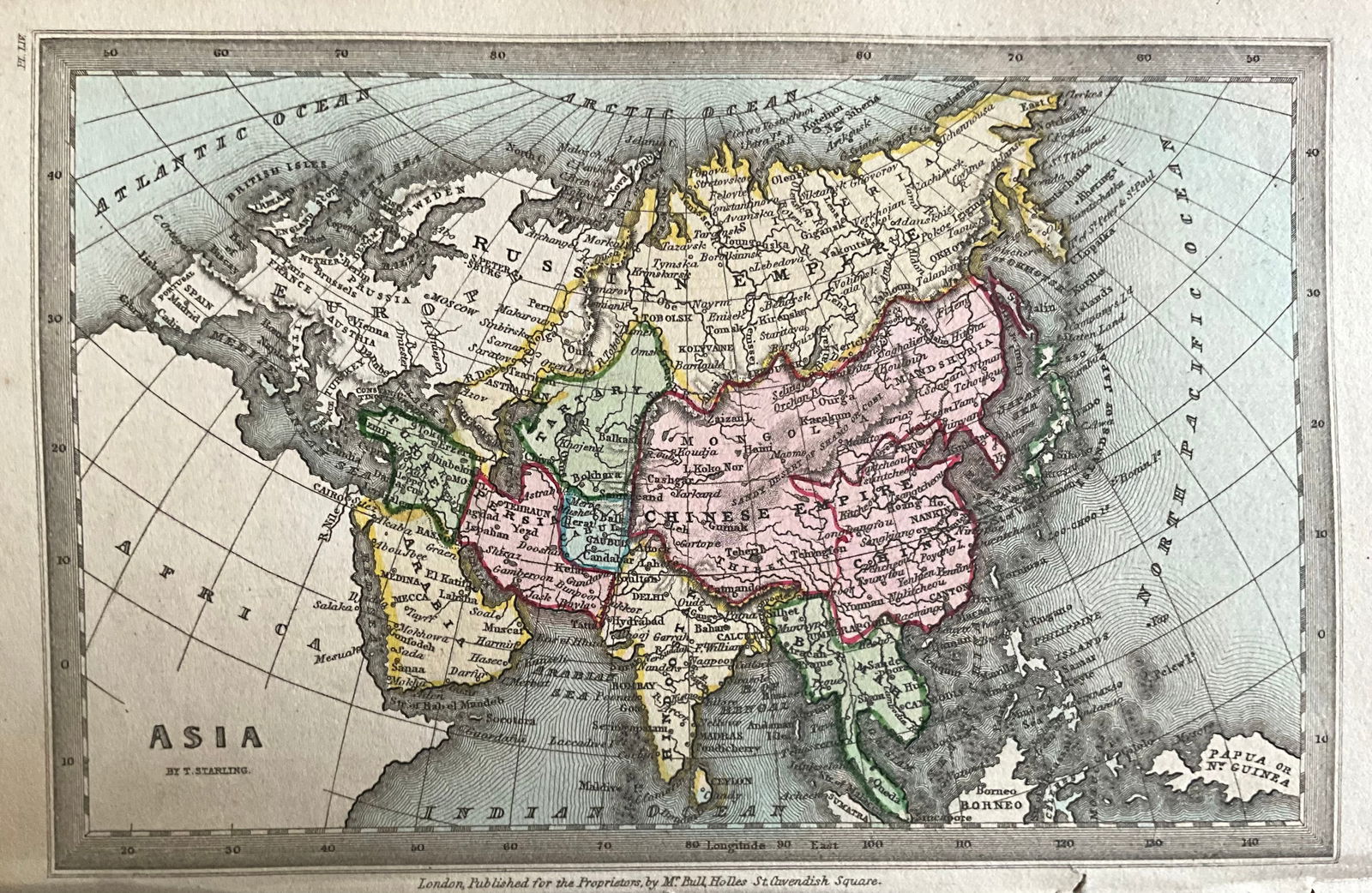 1834 Asia by Thomas Starling: Title: 1834 Asia by Thomas Starling Date/Period: 1834 Materials: Hand colored, steel engraved Size: 6 1/2 x 4 inches. This map features the continent of Asia as depicted in 1834 by Thomas Starling. It