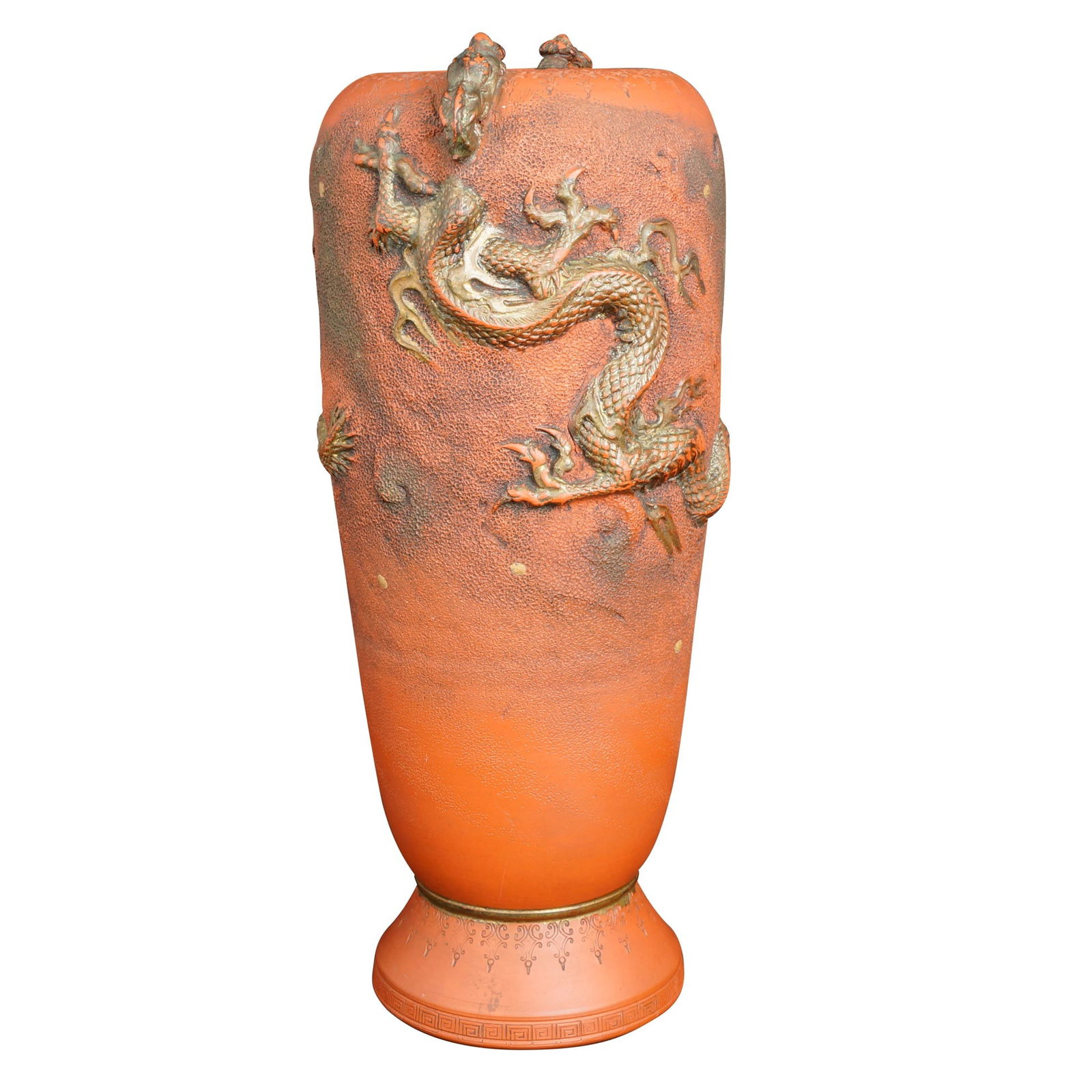 Japanese Tokoname Redware Dragon Vase: Title:Japanese Tokoname Redware Dragon Vase Size: 10 in (25.4 cm) tall x 5 in (12.7 cm) diameter. Description:A Japanese molded red clay vase with sinuous dragons on each side of the mouth. The heavy