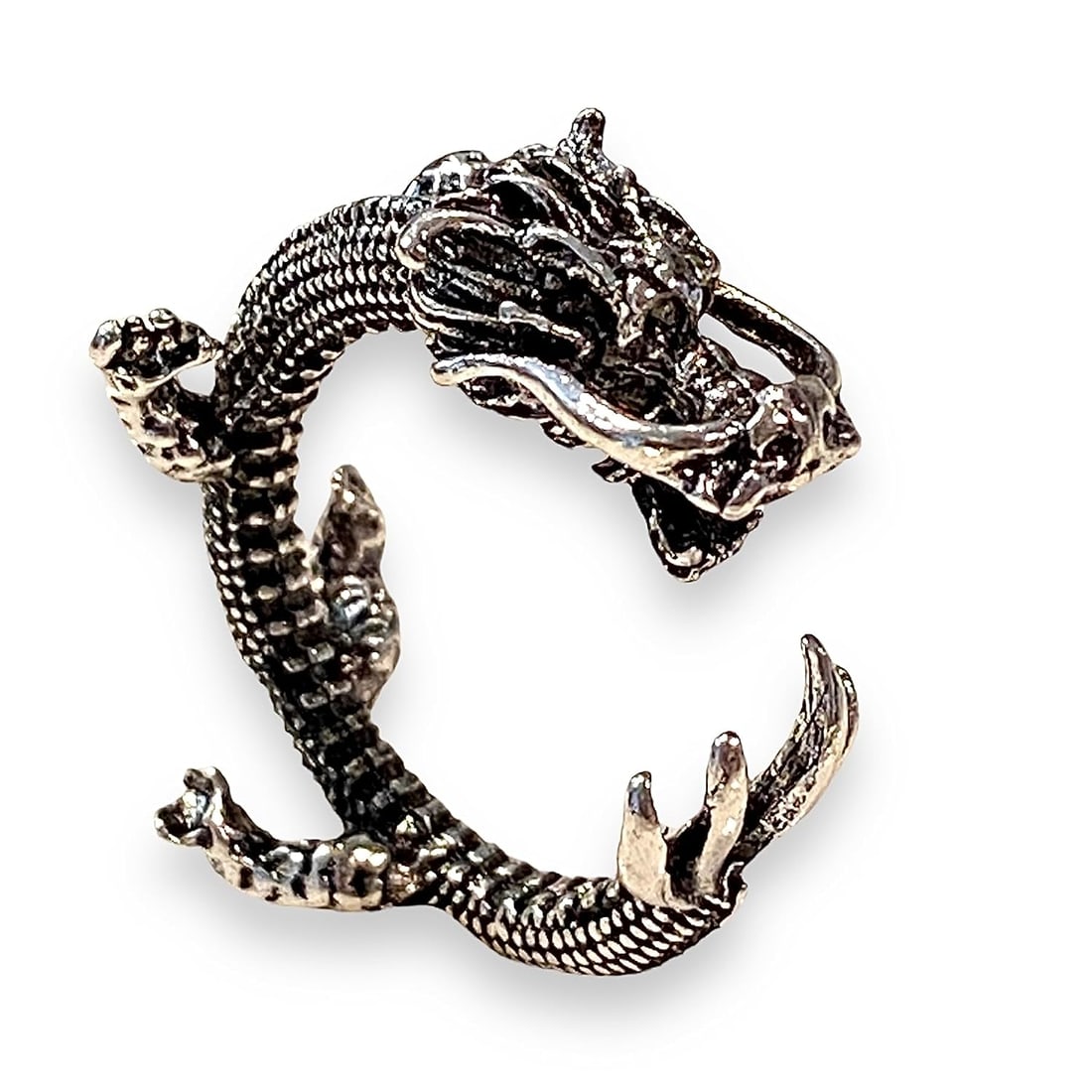 Solid Silver 3D Dragon Statement Open Ring: Title: Solid Silver 3D Dragon Statement Open Ring Description: The centerpiece of this magnificent ring is a majestic 3D dragon, intricately sculpted and brought to life in every intricate detail. Wit