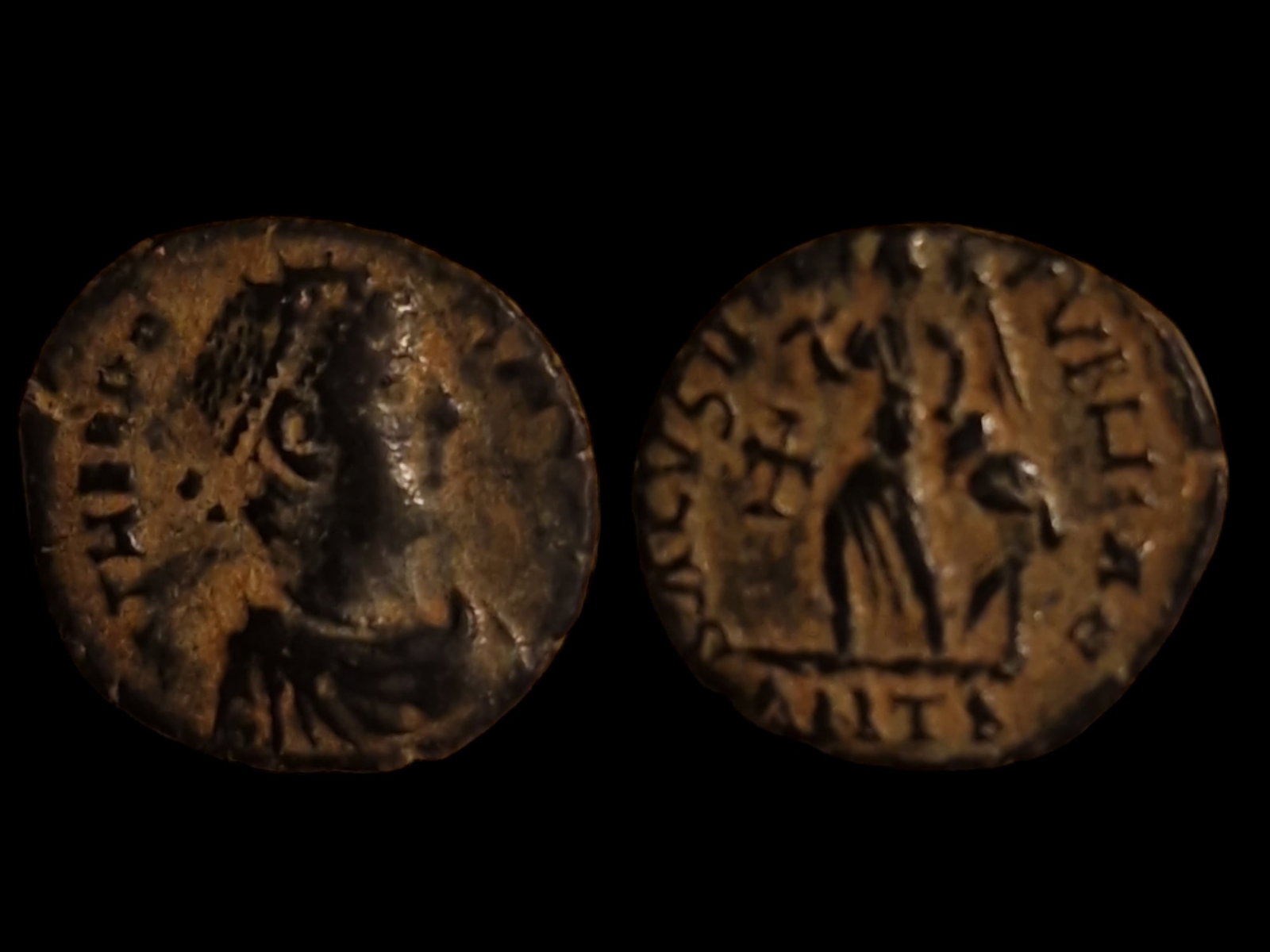 Roman Empire - Theodosius I (379-395 AD): Title: Roman Empire - Theodosius I (379-395 AD) Description: Roman Empire - Theodosius I (379-395 AD) Obverse: Diademed bust of Theodosius I facing right. Inscription: "DN THEODOSIVS PF AVG" (Our Lord