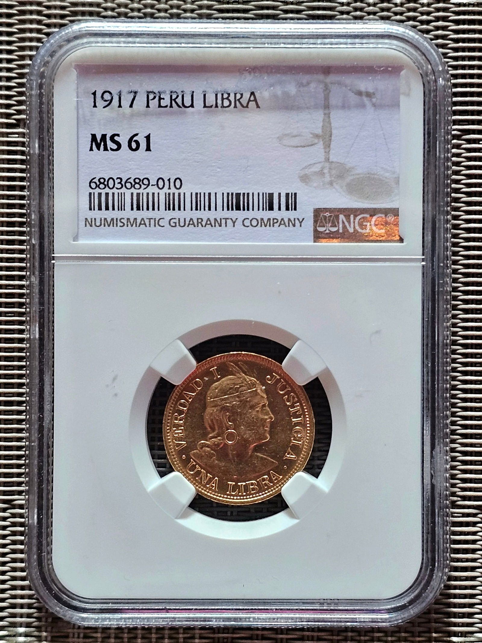 Republic Gold Libra 1917 MS61 NGC, Lima Peru Mint, Gold coin. AGW: 0.2355oz; $652.34 melt Value. (1 of 4)