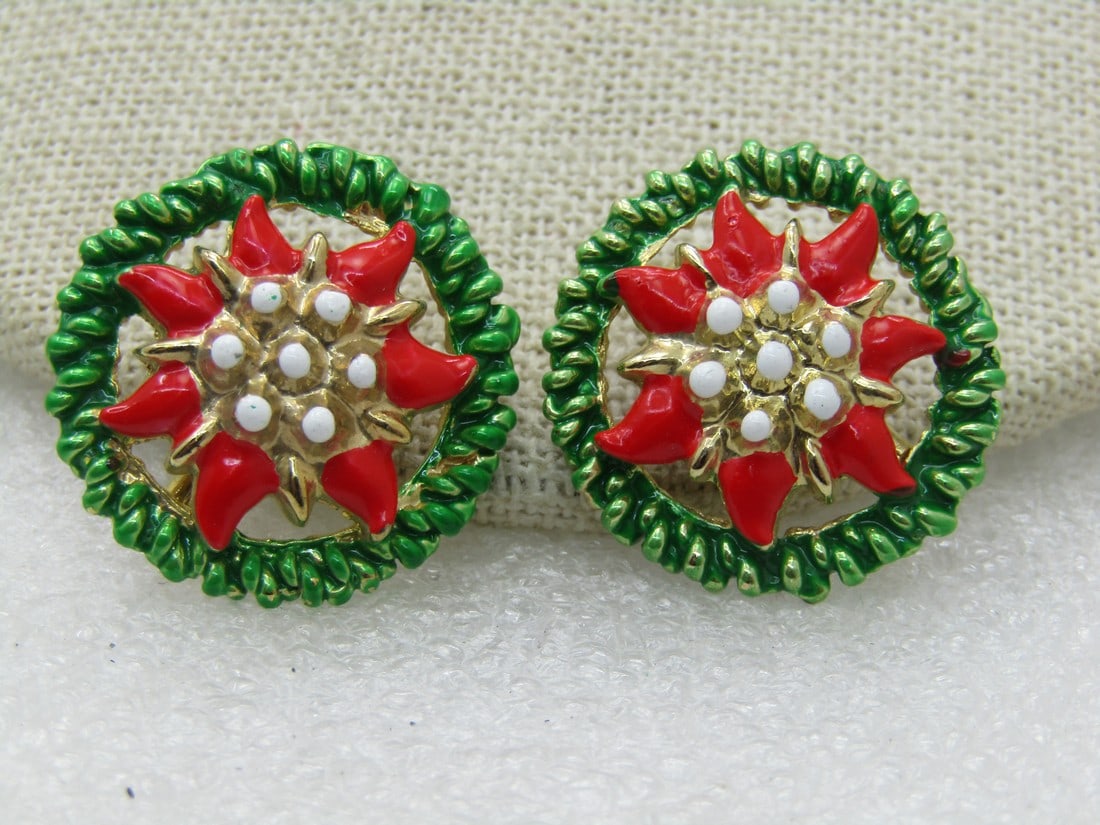 Vintage Christmas Enameled Poinsettia Pin Set. 1", Red/Green/White (1 of 5)