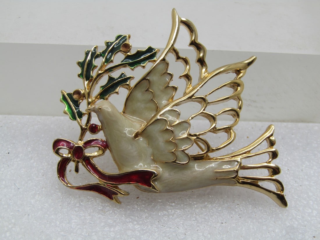 Vintage Enameled Christmas Dove Brooch, 1970's-1980's (1 of 5)